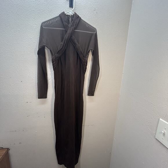 Vtg Tadashi Shoji Brown Long Mesh Sheer Sleeves Dress Formal Evening Gown SZ L - Picture 1 of 16